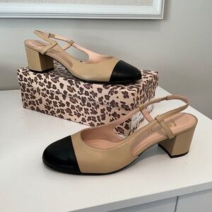 French Sole Two-Tone Beige and Black Slingback Pumps